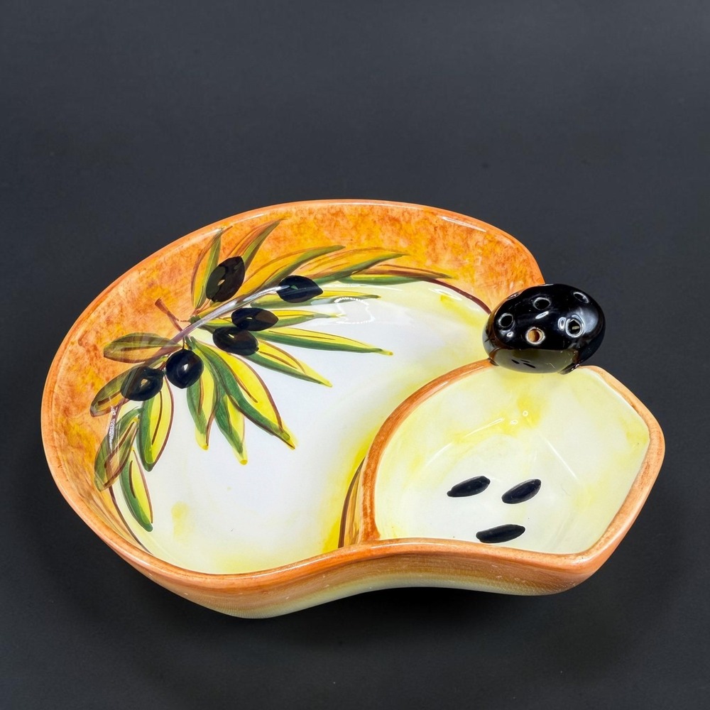 Hand Painted Ceramic Olive Serving Dish Mediterranean Signed 6in Orange Yellow